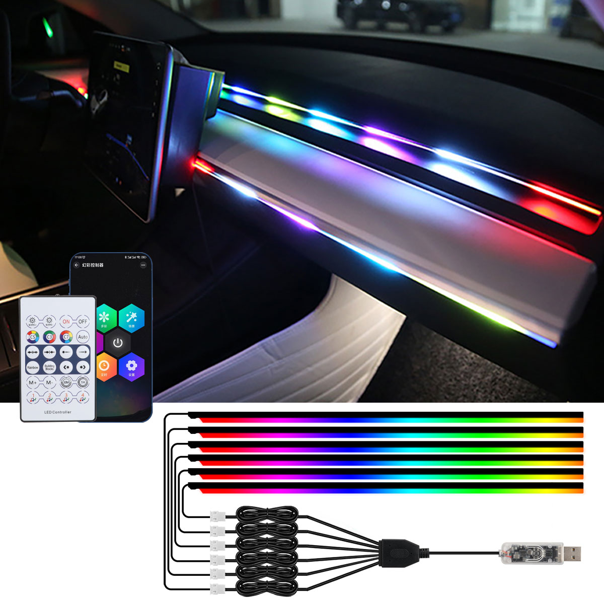 Led Ambient Interior Car Lights App Control - Lumières ambiantes LED RVB pour voiture,